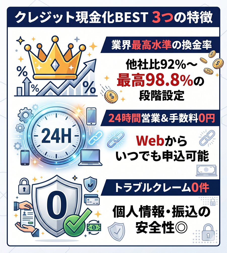 レジット現金化BESTの3つの特徴。最高98.8%の換金率、24時間営業と手数料0円、トラブルクレーム0件を図解