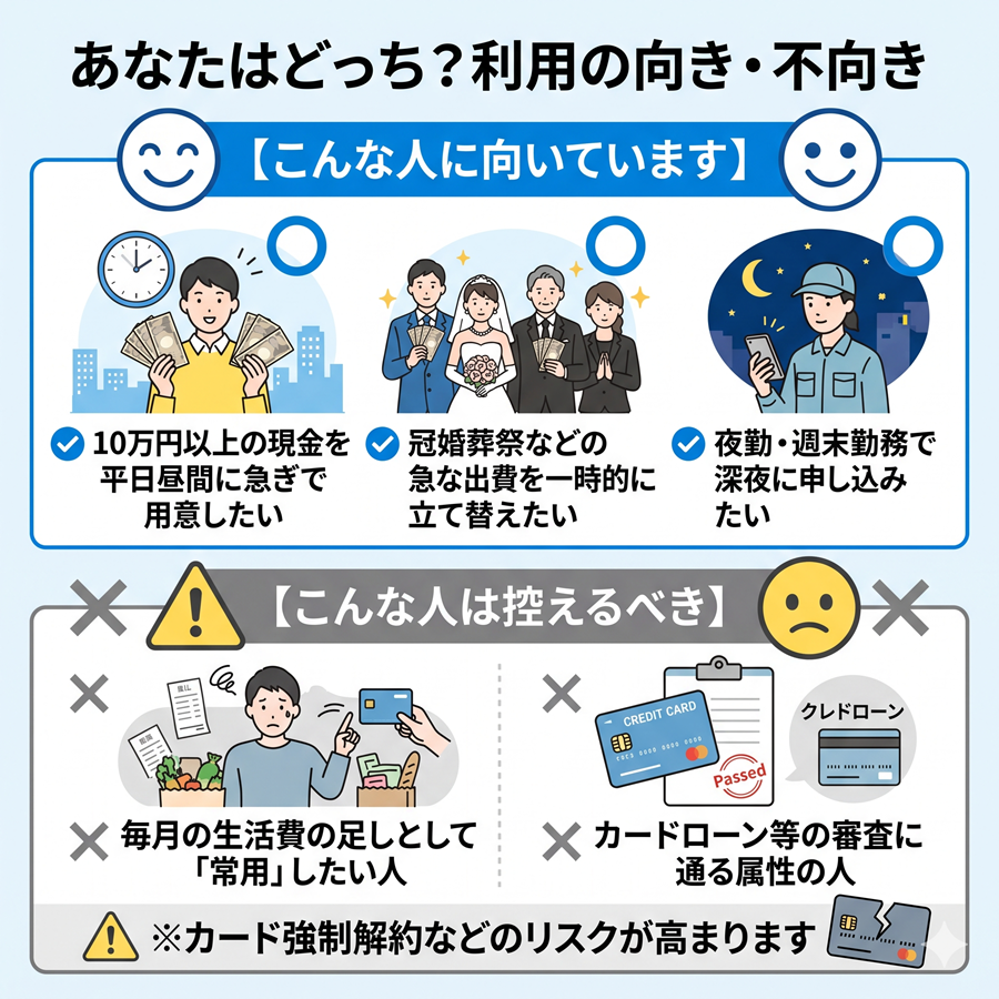 クレジット現金化BESTに向いている人と向かない人の特徴まとめ。急な出費に対応したい人向けである一方、常用目的の人には不向き