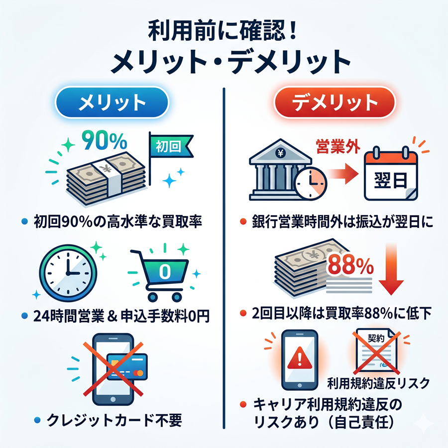 キャリソックのメリットとデメリットを比較図解。高還元や24時間営業の利点と、振込遅延や規約違反リスクの注意点を対比