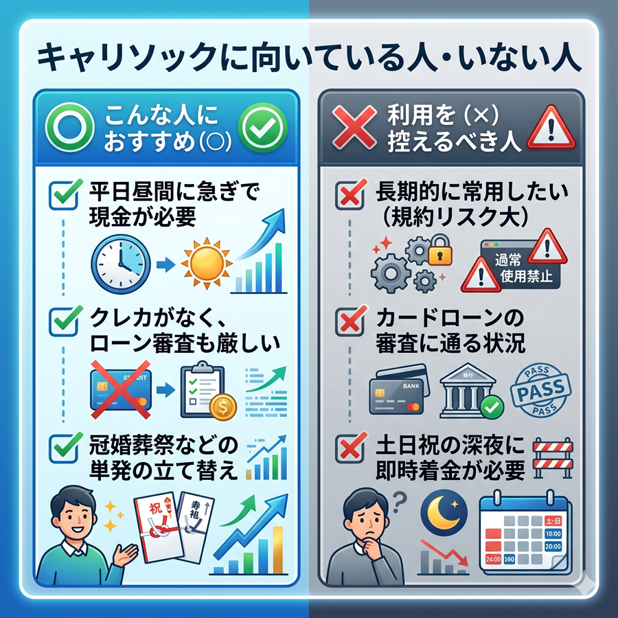 キャリソックに向いている人と向かない人の特徴を整理した図解。急ぎの資金調達に向く層と、常用を控えるべき層を比較