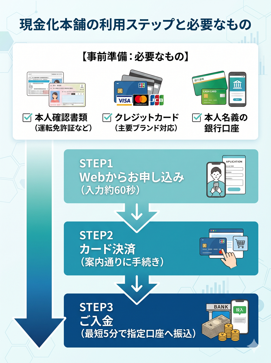 現金化本舗の申込の流れと必要書類を図解。本人確認書類等の準備物と、Web申込からカード決済、入金までの3ステップ