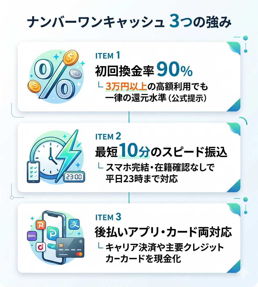 ナンバーワンキャッシュの3つの強みを図解。初回換金率90%、最短10分のスピード振込、後払いアプリ・カード両対応をアイコン付きで整理