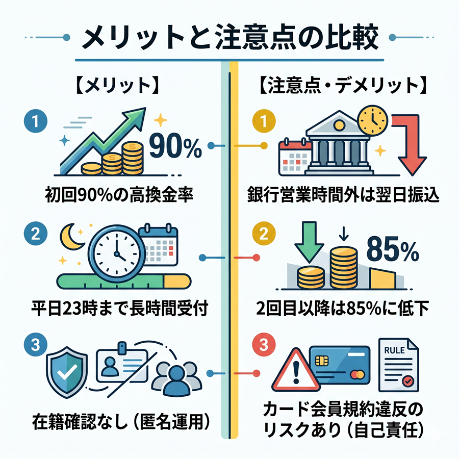 ナンバーワンキャッシュのメリットと注意点を比較。初回高換金率や長時間営業などの利点と、振込遅延や規約違反リスクなどのデメリットを対比