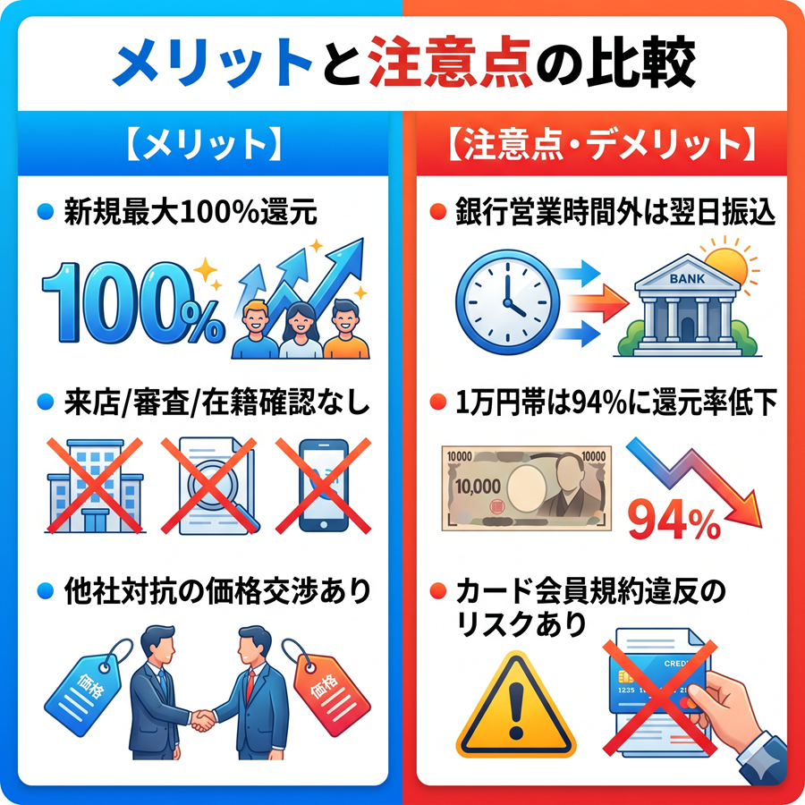 スピードペイのメリットと注意点を比較。新規キャンペーンや匿名性の利点と、振込遅延や規約違反リスクなどのデメリットを対比