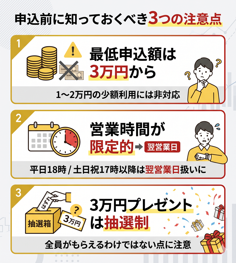 和光クレジットの3つのデメリットを図解。最低申込額3万円、営業時間制限、プレゼント抽選制の注意点を整理