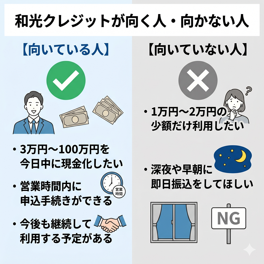 和光クレジットが向く人と向かない人を左右対比で図解。希望金額や申込時間帯による相性を整理